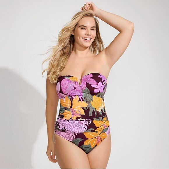 Land's End plus size slender suit U wire Bandeau dark wine multi floral Top Var - Picture 7 of 9